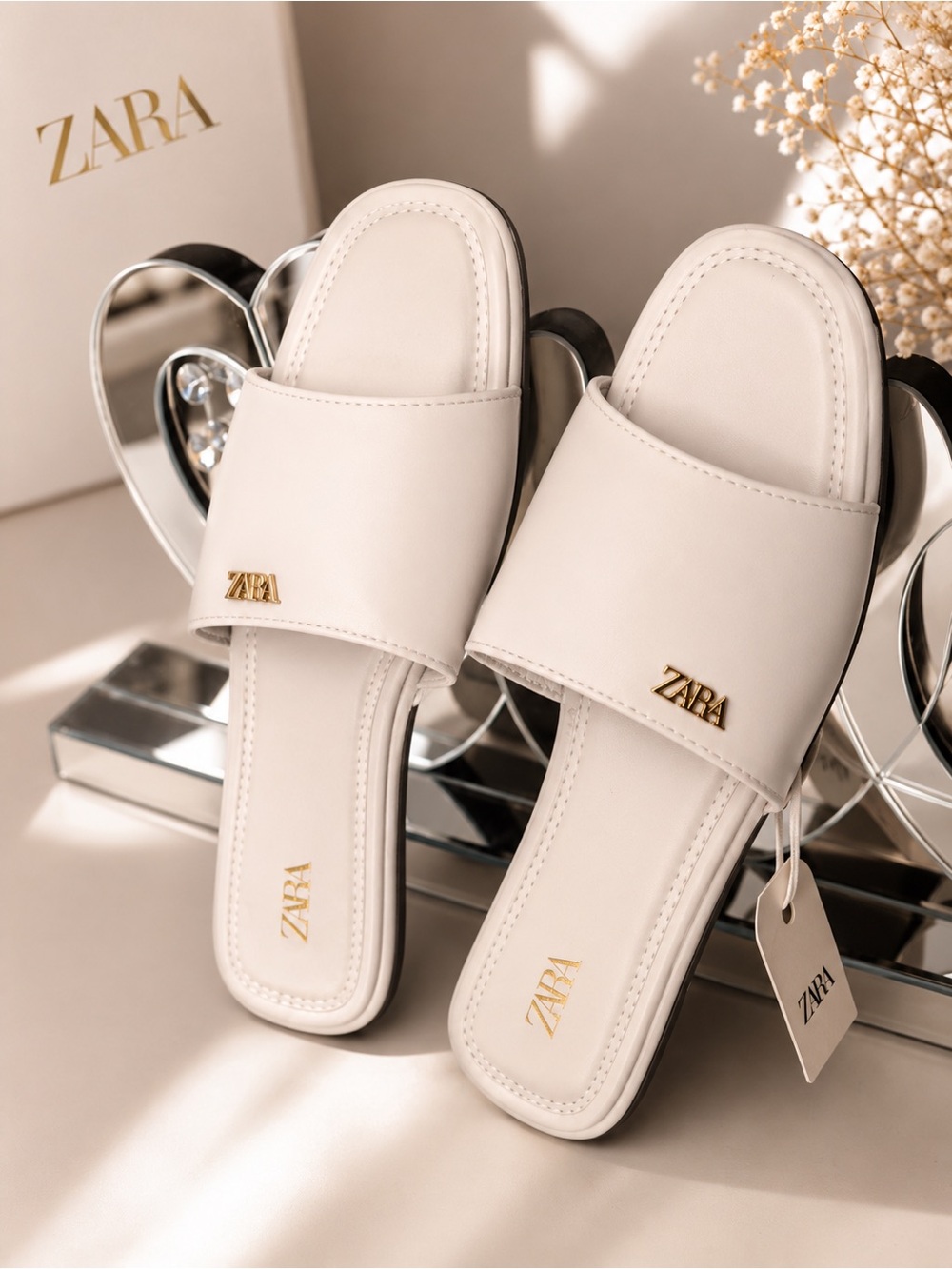 Zara Cream Slide Mules with Gold Logo